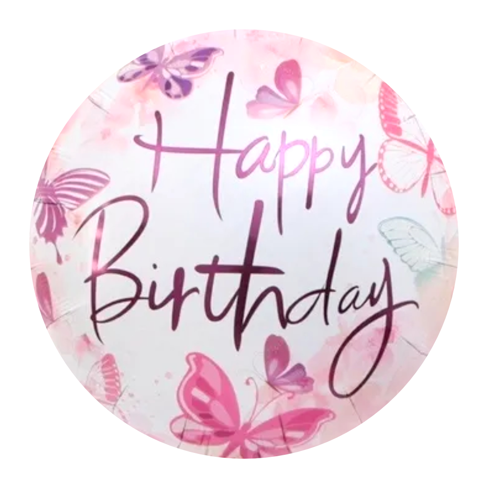 BALAO BOLA 18 POL HAPPY BIRTHDAY BORBOLETA ROSA
