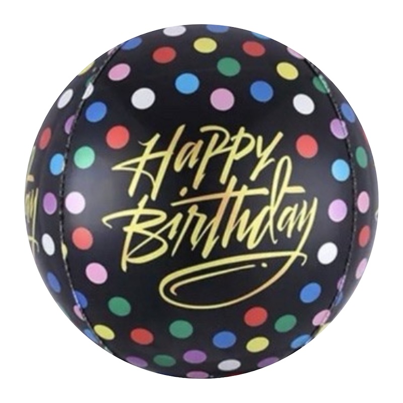 BALAO BOLA 22 POL 4D HAPPY BIRTHDAY PRETO C/CONFETE