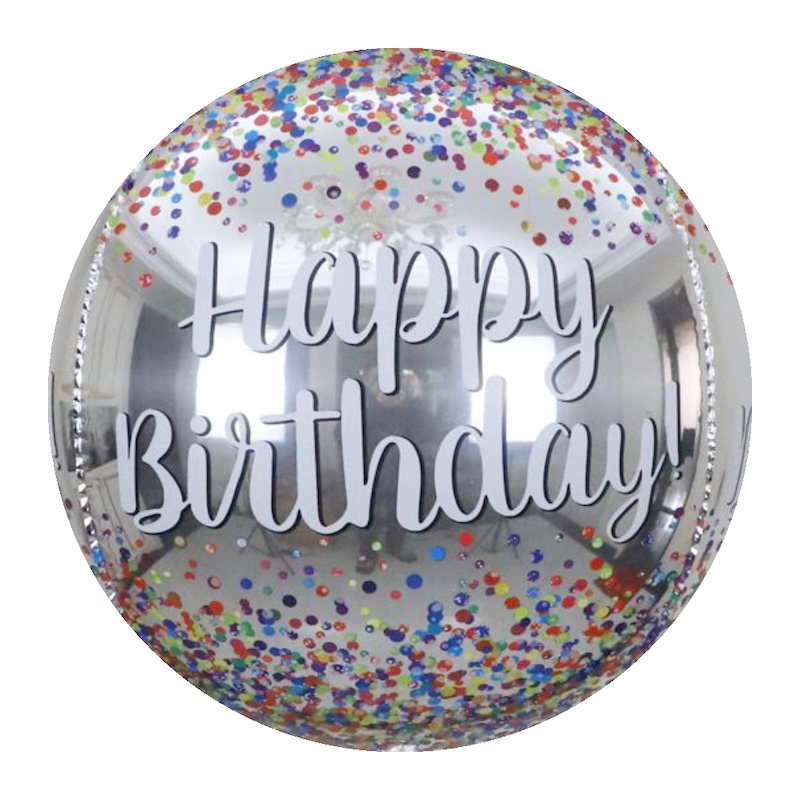 BALAO BOLA 22 POL 4D HAPPY BIRTHDAY PRATA C/CONFETE